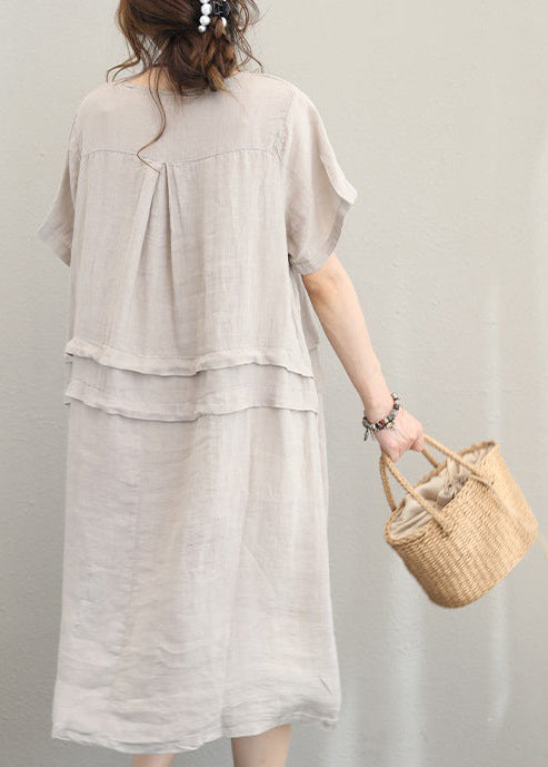 Fine Beige Linen Dress Linen Clothing Dresses O Neck Patchwork Cotton Dress