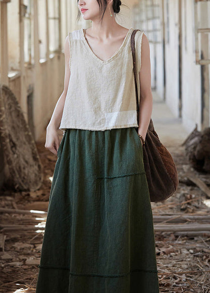 White V Neck Patchwork Linen Shirt Top Sleeveless