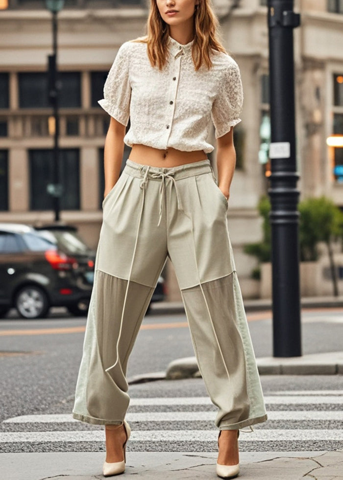Beige Tie Waist Patchwork Chiffon Pants Fall