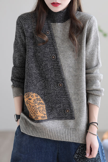 -retro Loose Sweater Turtleneck Stitching Sweater