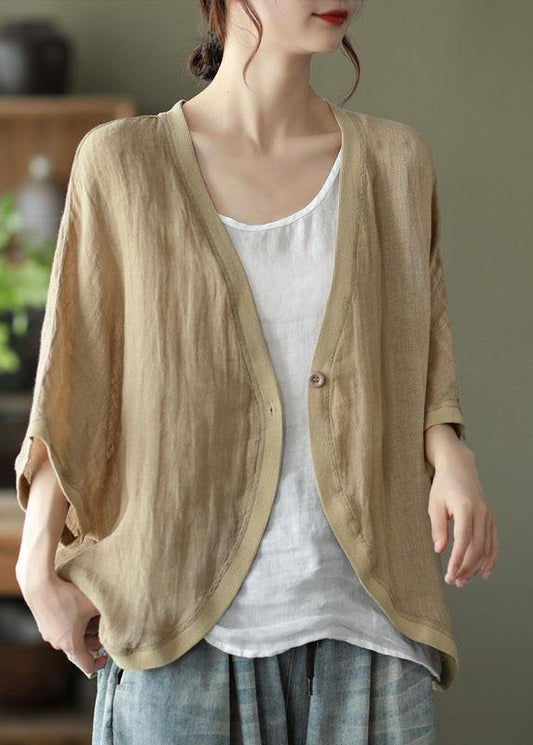 Italian Khaki V Neck Patchwork Fall Blouses Three Quarter Sleeve