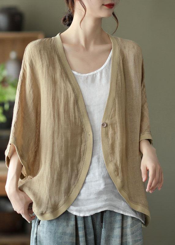 Italian Khaki V Neck Patchwork Fall Blouses Three Quarter Sleeve