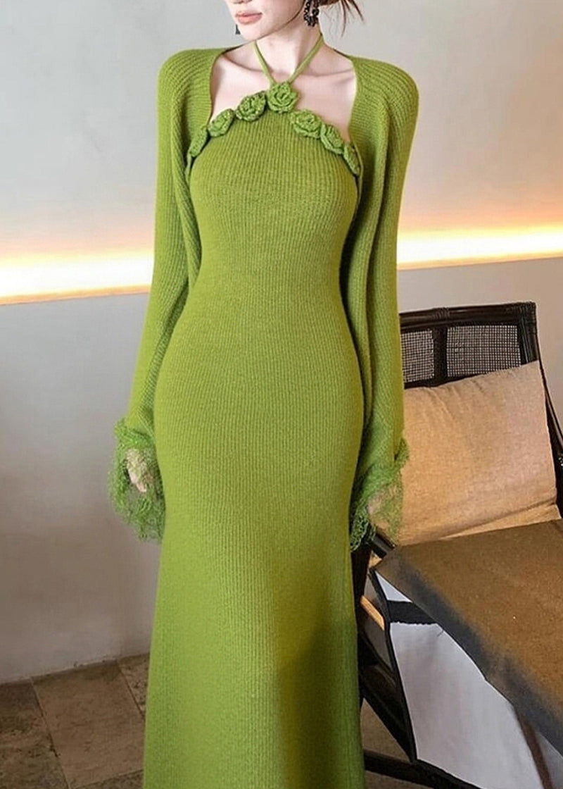 Green Patchwork Halter Cotton Knit Cardigans and Maxi Dress Two Pieces Set Flare Sleeve