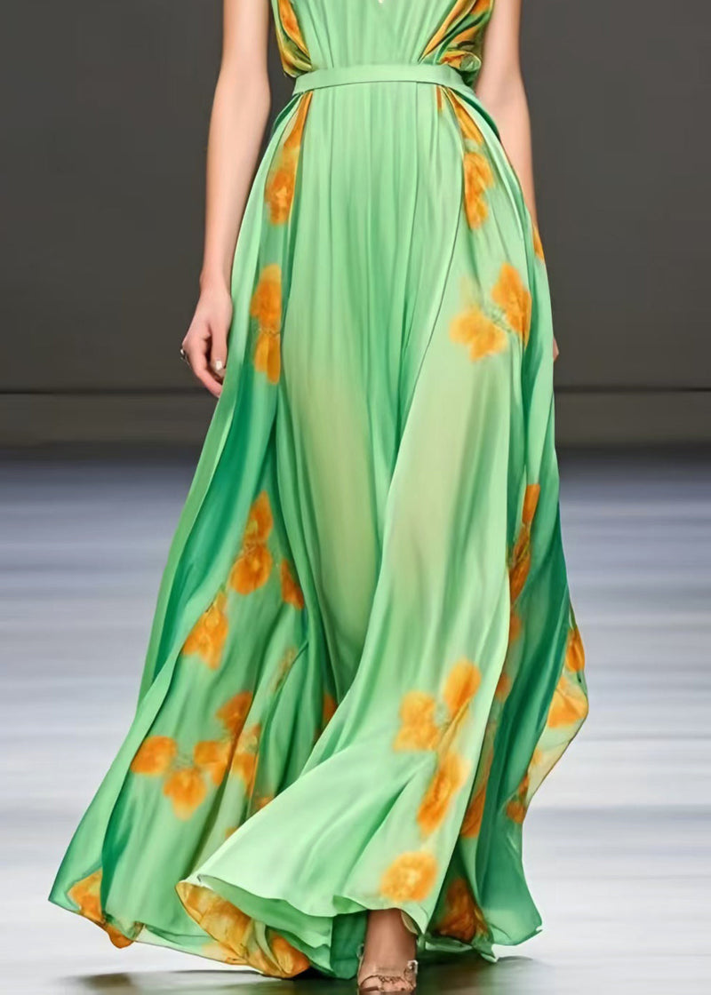 Light Green Print Exra Large Hem Silk Cami Dress Summer