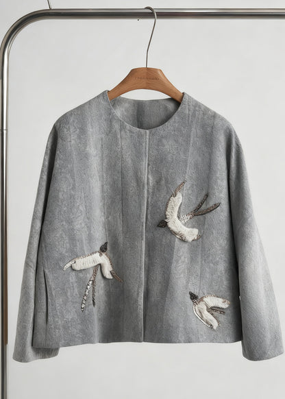 Style Khaki Embroidered Jacquard Silk Velvet Coat Outwear Fall