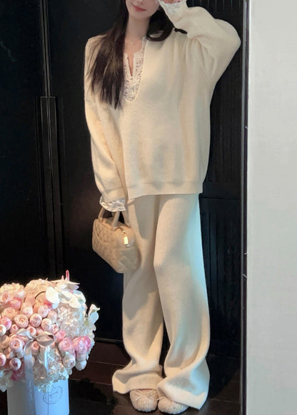 Loose White V Neck Cozy Sweaters and Pants Knit Two Piece Set Fall
