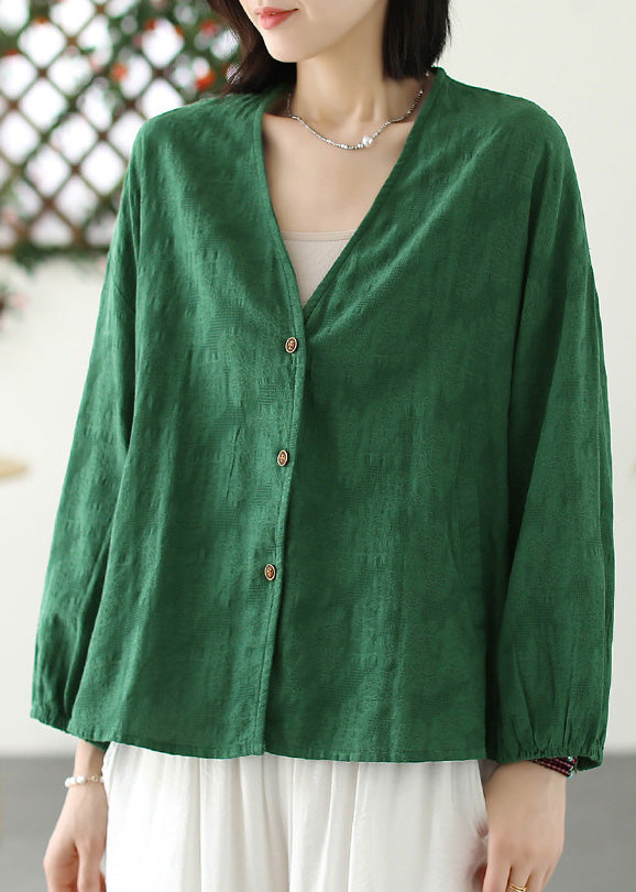 Green V Neck Button Coat Long Sleeve