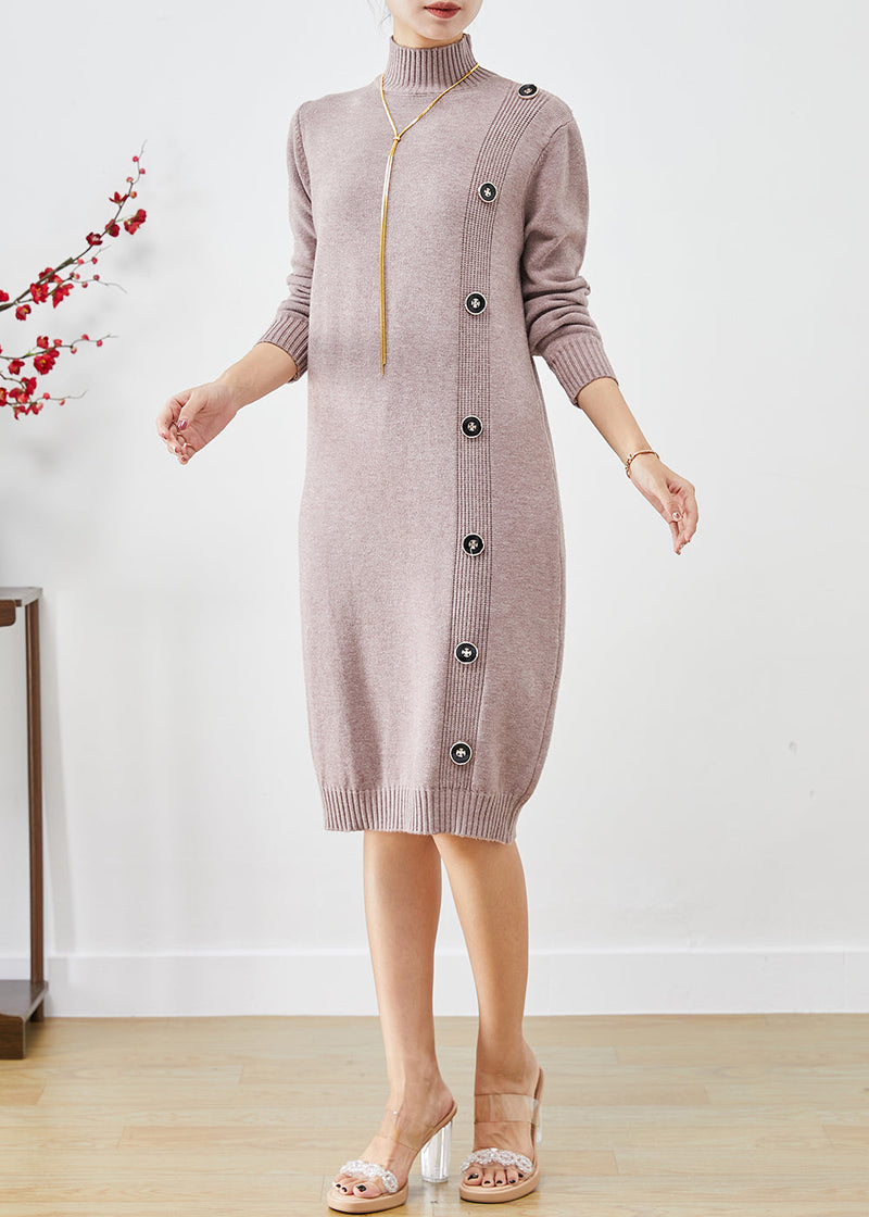 Light Purple High Neck Button Knit Dress Winter