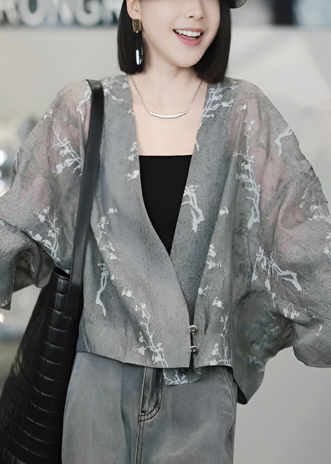 Vogue Grey V Neck Print Button Tulle Coats Batwing Sleeve
