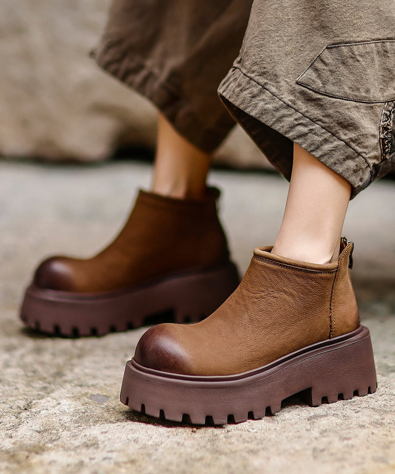 Khaki Zippered Splicing Platform Cowhide Leather Ankle Boots