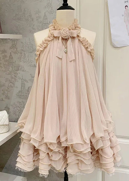 Pink Ruffled Lace Tulle Mini Dress Sleeveless