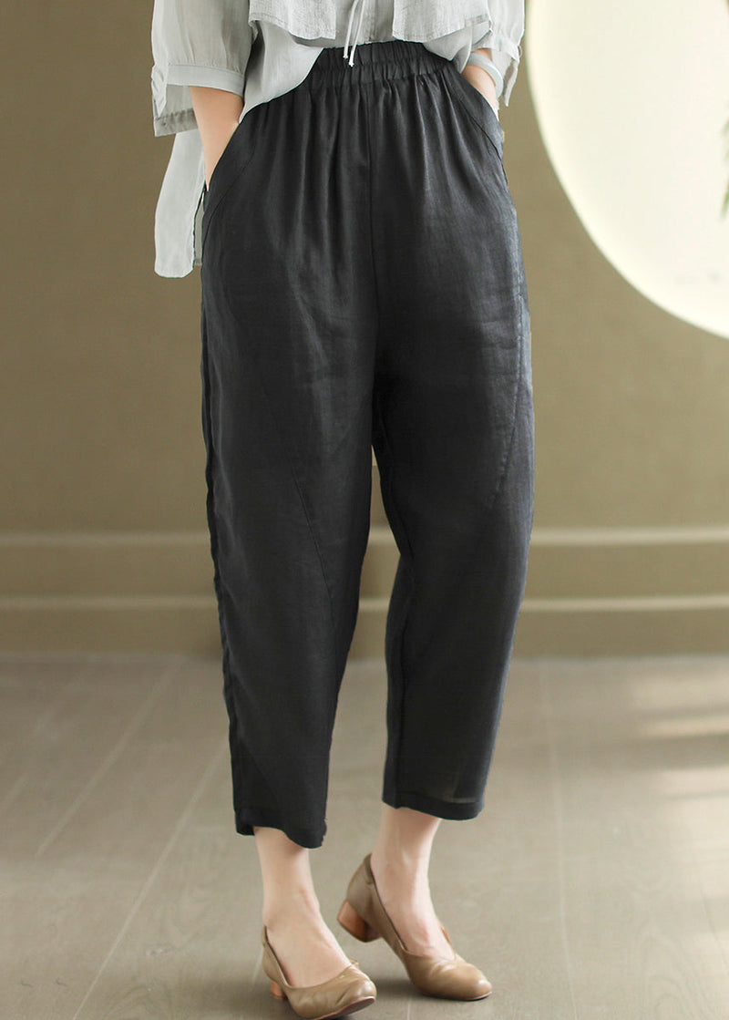 Orange Pockets Elastic Waist Linen Pants Summer