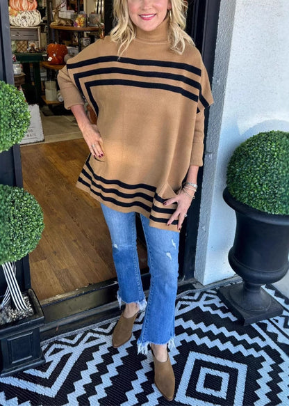 Loose Black Hign Neck Striped Knit Sweaters Batwing Sleeve
