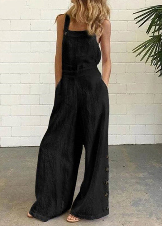 Khaki Pockets Button Patchwork Cotton Jumpsuit Summer