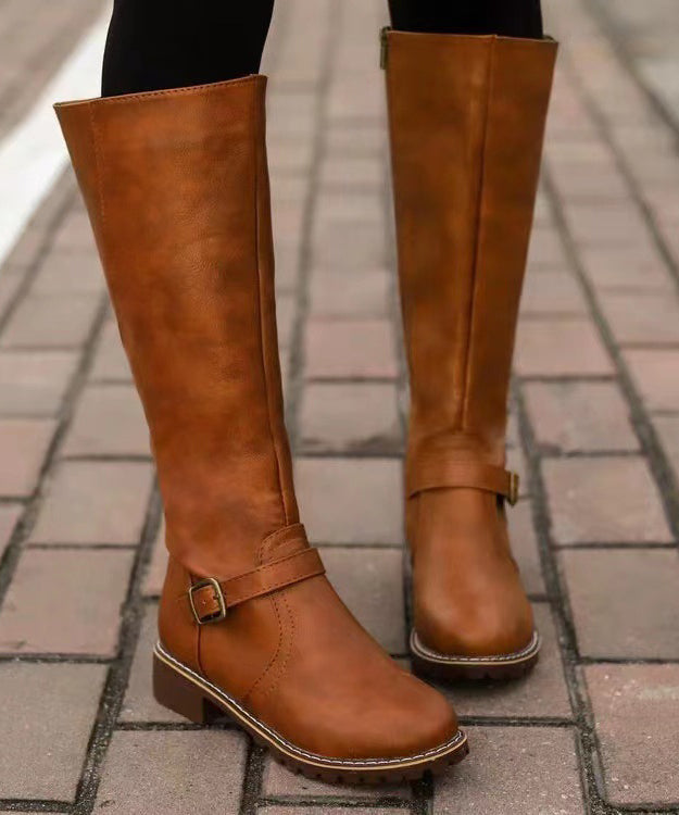 Brown Faux Leather Splicing Chunky Knee Boots