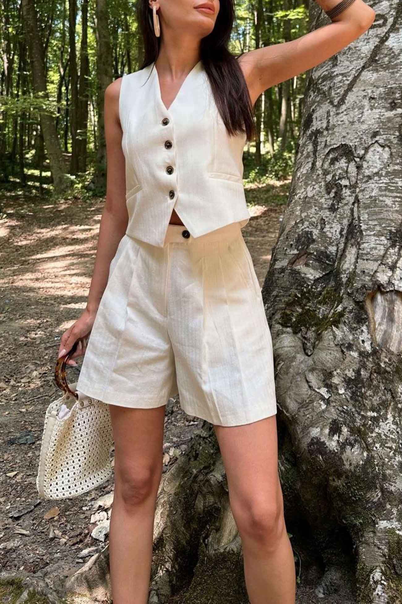 V Neck Button Front Vest Shorts Set