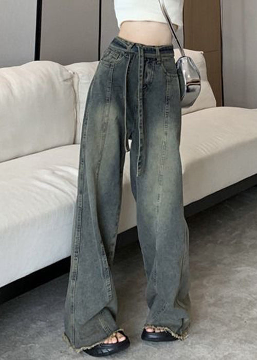 Blue Lace Up Pockets Denim Pants Spring
