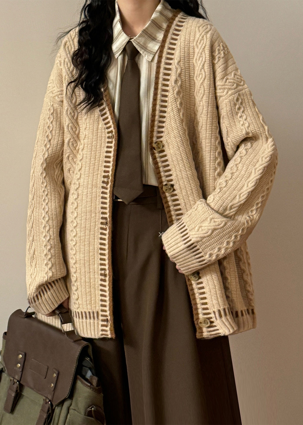 Coffee V Neck Button Cozy Cable Knit Coats Spring