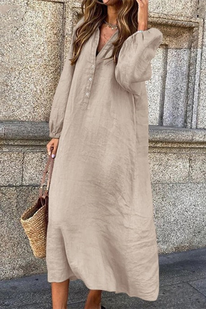 Buttons V Neck Long Sleeve Dresses