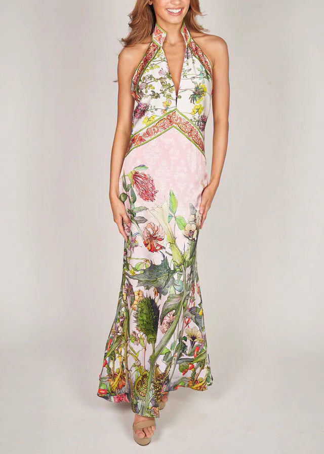 Italian V Neck Print Backless Silk Vacation Dresses Sleeveless