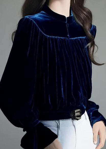 Slim Fit Navy Stand Collar Wrinkled Silk Velour Shirt Fall
