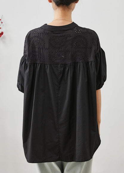 Black Embroidered Patchwork Cotton Blouse Tops Summer