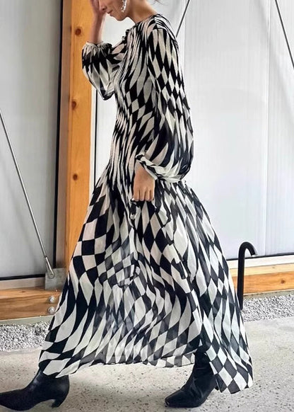 French Plaid O-neck High Waist Chiffon Maxi Dresses Fall