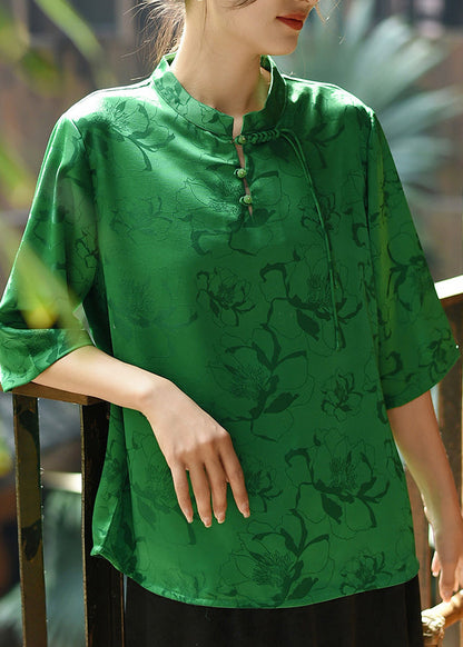 Loose Beige Stand Collar Tassel Jacquard Silk Shirt Summer