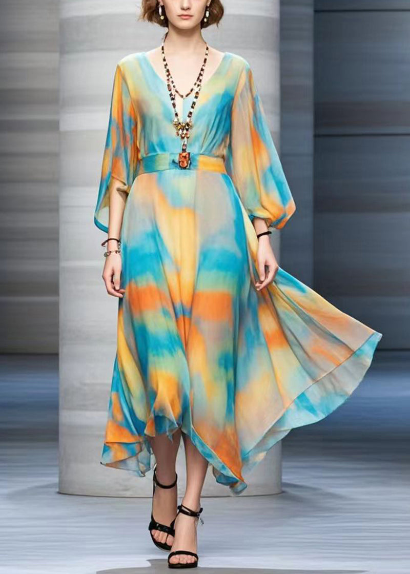 Cinched Tie Dye Chiffon Maxi Dresses Fall