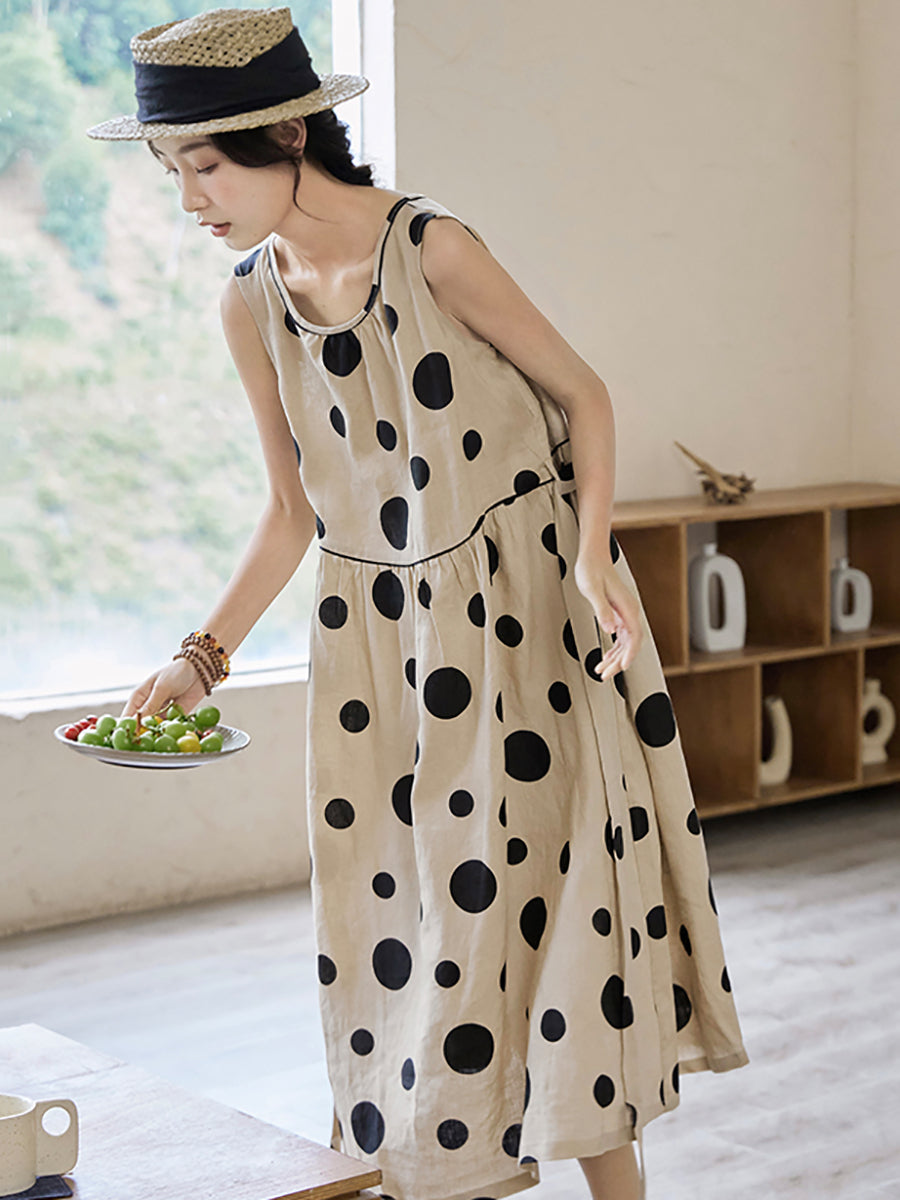 Summer Dot Drawstring Linen Vest Dress