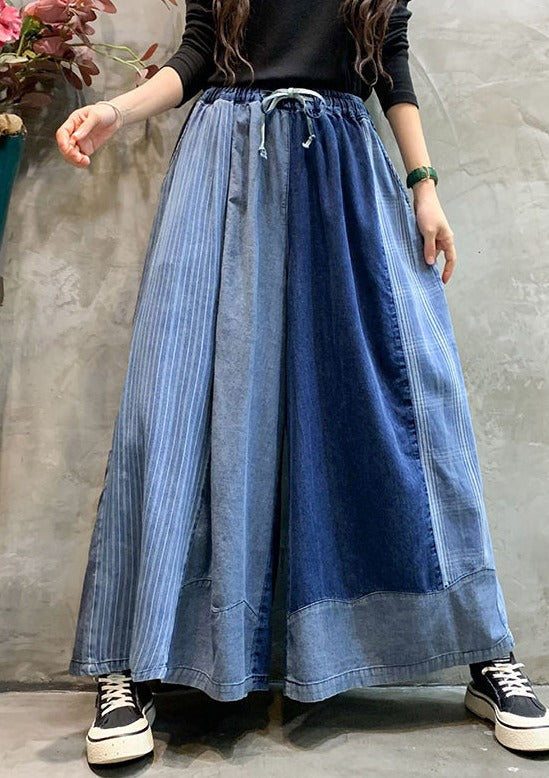 Drawstring Elasticity Plaid Split-joint Ninth Denim Pants