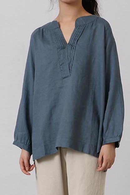 Cotton Linen V Neck Shirt Tops
