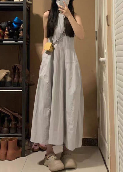 New Blue O Neck Pockets Cotton Long Dress Sleeveless