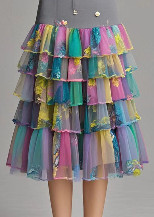 Print Patchwork Layered Tulle Silm Fit Skirt Fall