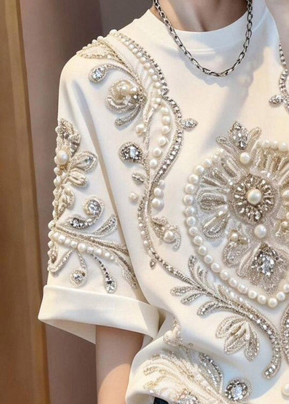 White Patchwork Nail Bead Zircon T Shirt Summer