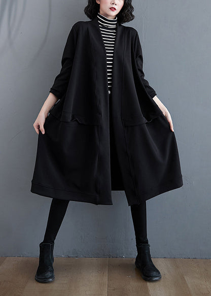 Black V Neck Pockets Patchwork Cotton Cardigans Fall