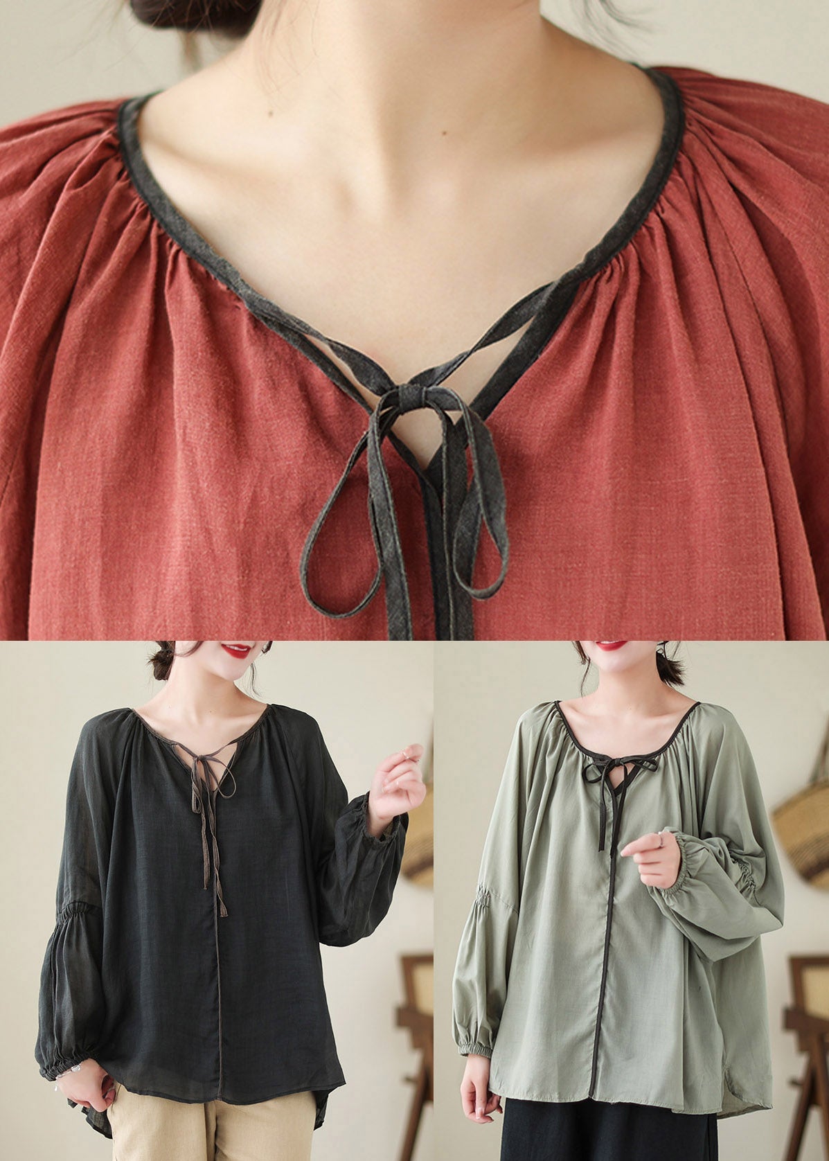 Green Low High Design Ramie Tops Spring