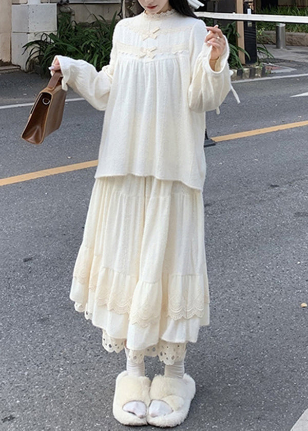 Beige Lace Patchwork Tops and Skirts Cotton Two Pieces Set Spring