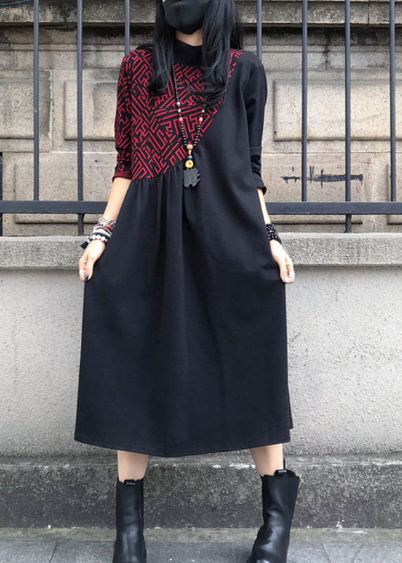 Red O-neck Print Wrinkled Cotton Maxi Dresses Long Sleeve