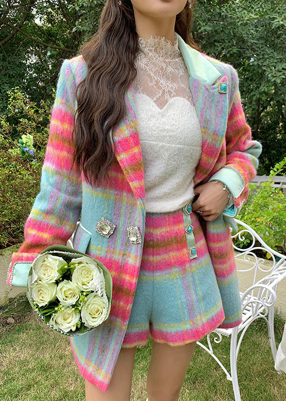 Rose Notched Plaid Button Woolen Coats and Skirts Two Pieces Set Winter