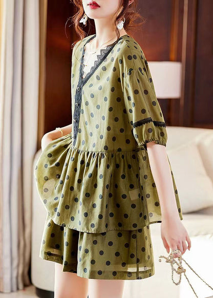 Art Green V Neck Lace Patchwork Shirts and Shorts Silk Two Piece Set Summer