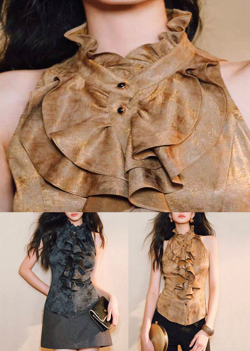 Black Button Original Design Silk Blouses Ruffled Summer