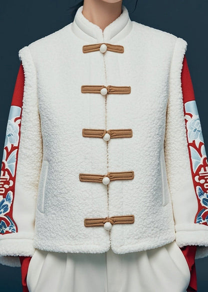 White Button Print Teddy Faux Fur Coat Winter