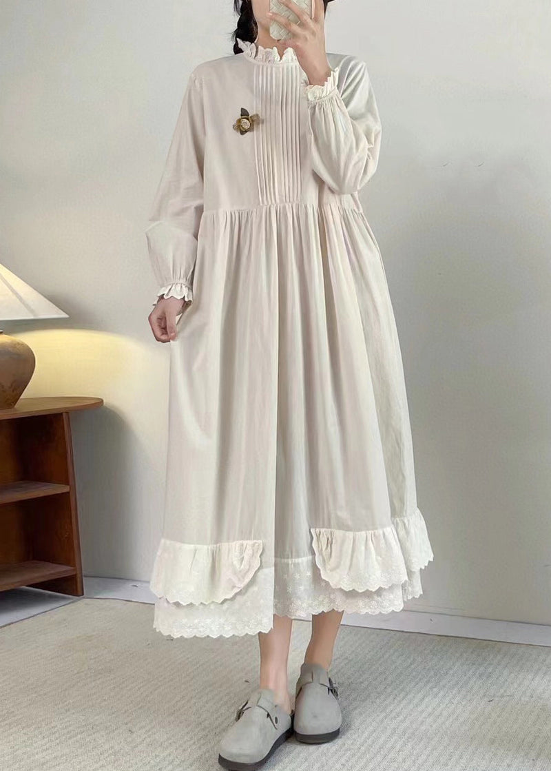 Apricot Stand Collar Ruffled Patchwork Wrinkled Long Dress Long Sleeve