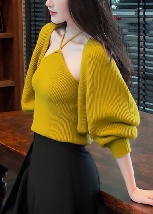 Stylish Yellow V Neck Lace Up Cardigan and Tank Knit Two Pieces Set Fall
