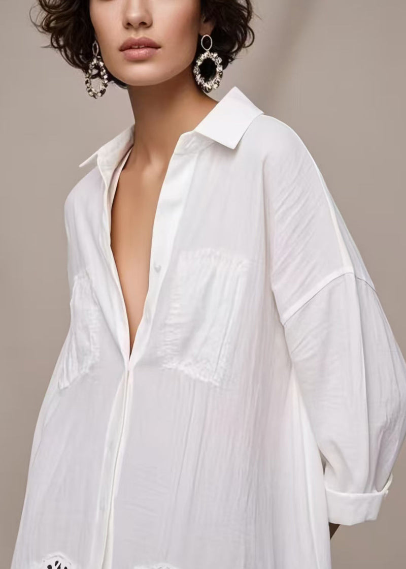 Simple White Oversized Hollow Out Cotton Shirt Top Spring
