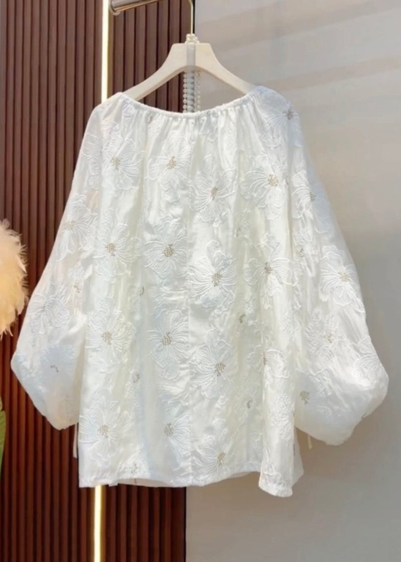 Handmade White Embroidered Pearl Cinched Cotton Shirt Fall