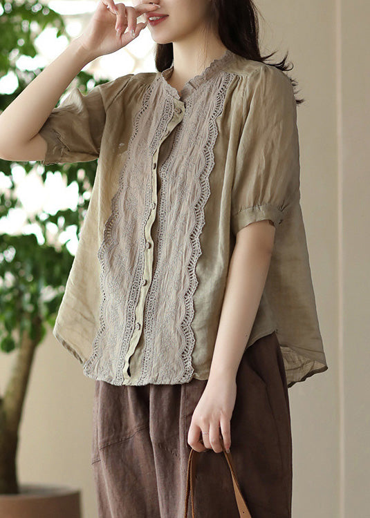 Khaki O-neck Embroidered Ramie Shirt Summer