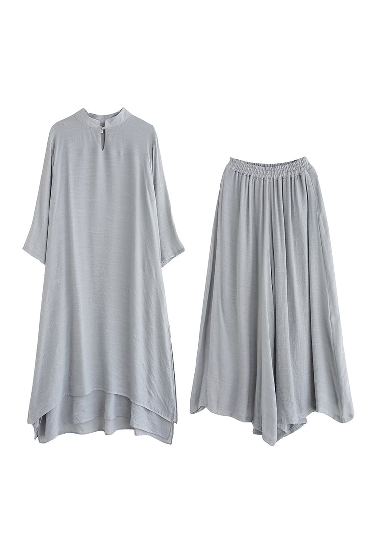 Grey Linen Two Piece Set Tops and Pants Clothing Spring Summer