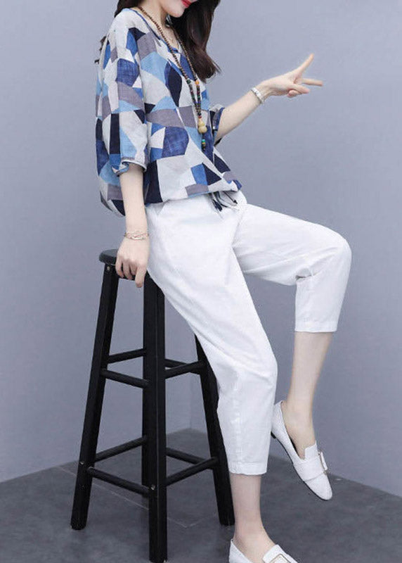 Vogue Blue Print Tops and Crop Pants Summer